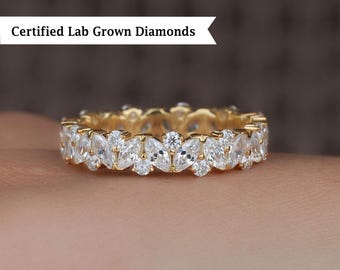 Alianza de boda con diamantes cultivados en laboratorio, talla marquesa y redonda, anillo de eternidad de oro de 14 quilates