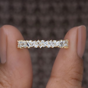 Vintage Style Moissanite Wedding Band, Multi Shape Lab Grown Diamond Band, 14K Cluster Diamond Ring, Half Eternity Anniversary Bridal Band