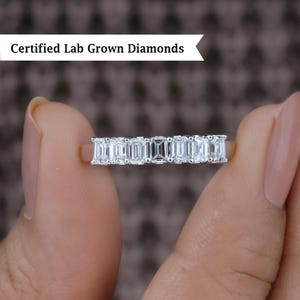 Emerald cut Lab Grown Diamond Wedding Band, 14K Half Eternity Ring, 7 Stone Ring, Anniversary Stackable Band Ring, Bridal Matching Band