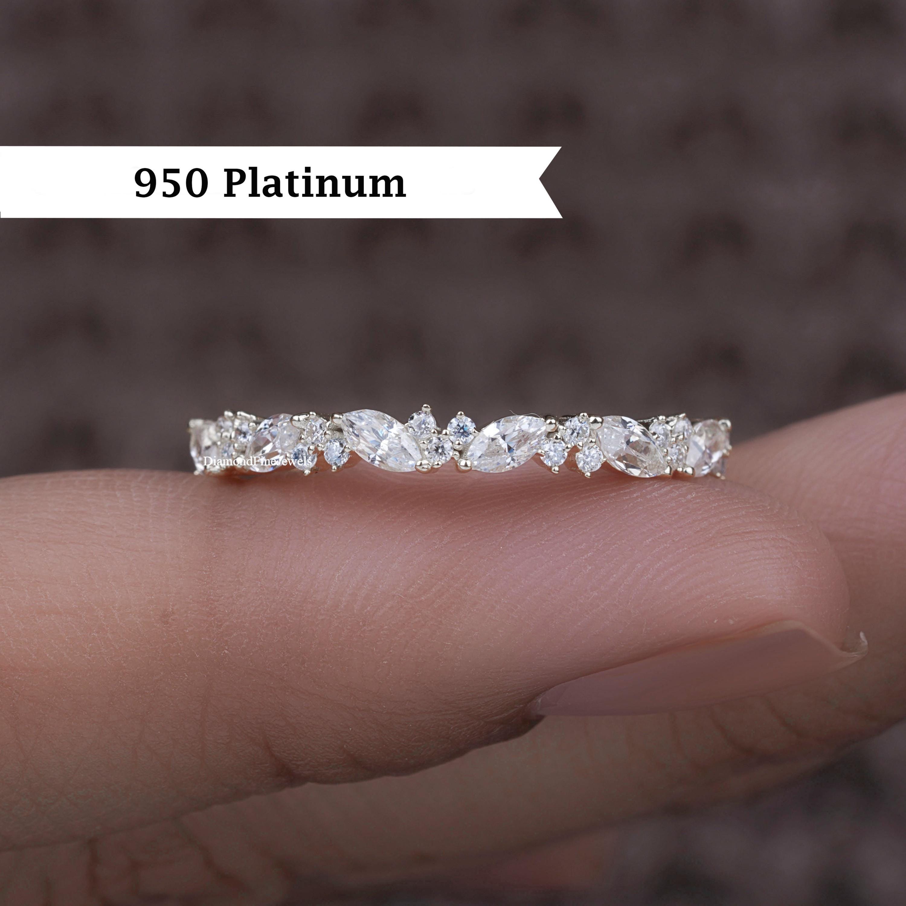 Dainty Marquise and Round Moissanite Wedding Band, Platinum Half Eternity Ring, Lab Grown Diamond Band, Stackable Anniversary Band For women