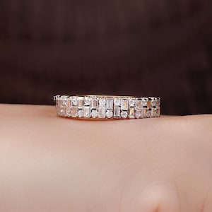 Baguette and Round Diamond / Moissanite Wedding Band, Wide Half Eternity Ring, Thick Gold Ring Bridal Anniversary Matching Band For Women