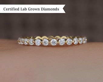 2MM Lab Grown Diamond Wedding Band, Half-Full and 3/4 Eternity Diamond Band, 14K Gold Single Prong Floating Diamond Stackable Ring For Women