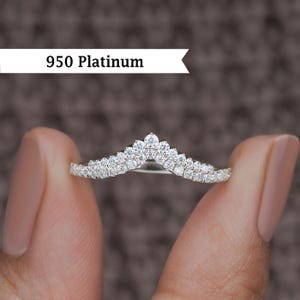 Platinum Dainty Curved Moissanite Wedding Band, Chevron Diamond Band, Bridal Matching Band, Stackable Ring For Engagement Ring, Wedding Ring