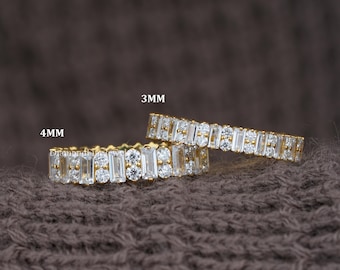 3MM - 4MM Baguette and Round Moissanite / Lab Diamond Wedding Band Art Deco Full Eternity Band, Wide Bridal Anniversary Band Stackable Ring
