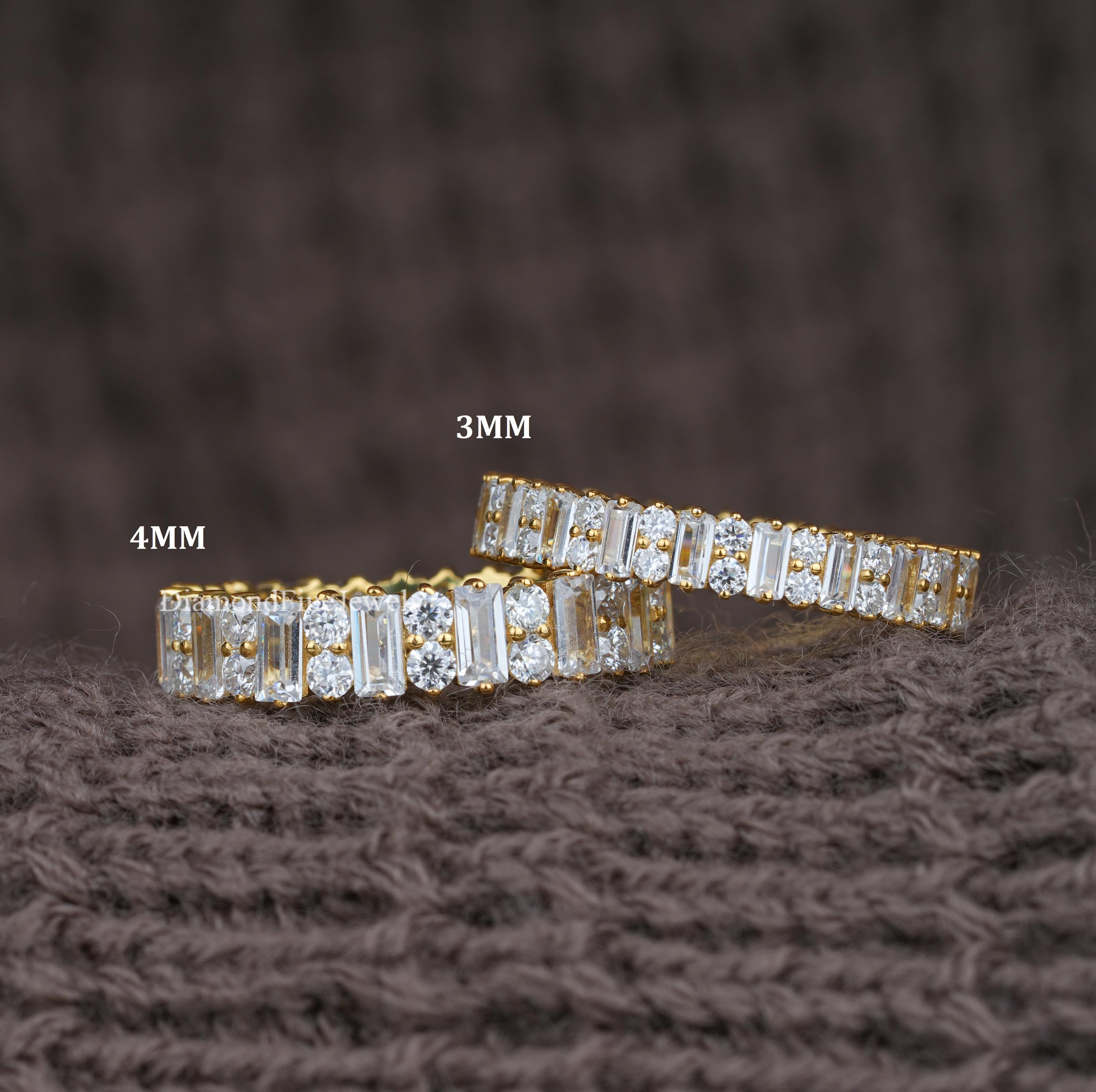 3 MM - 4 MM Baguette und rund Moissanite / Lab Diamant Ehering Art Deco volle Eternity Band, breite Brautjubiläum Band stapelbar Ring