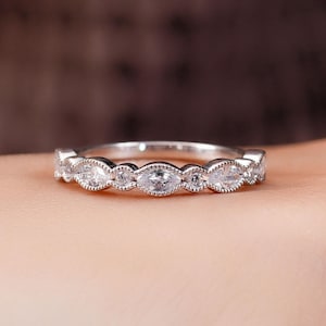 Half Eternity Wedding Band Diamond / Moissanite Matching Band Pave Set Milgrain Band Minimalist Stacking Band 14k Solid Gold Band For Her