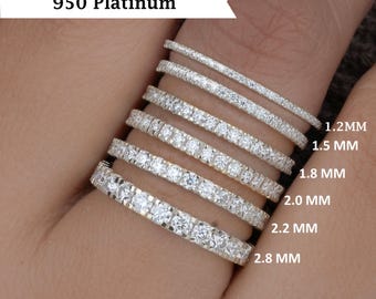 Platinum Micro Pave Diamond Wedding Band, Moissanite / Lab Grown Diamond Eternity Band, Dainty Anniversary Band, Thin Stackable Ring For Her