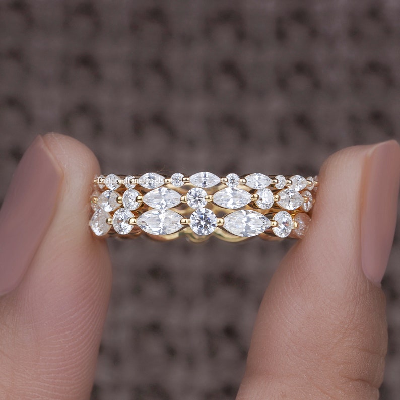 14K Lab Diamond Wedding Band, Marquise and Round Eternity Ring - Etsy