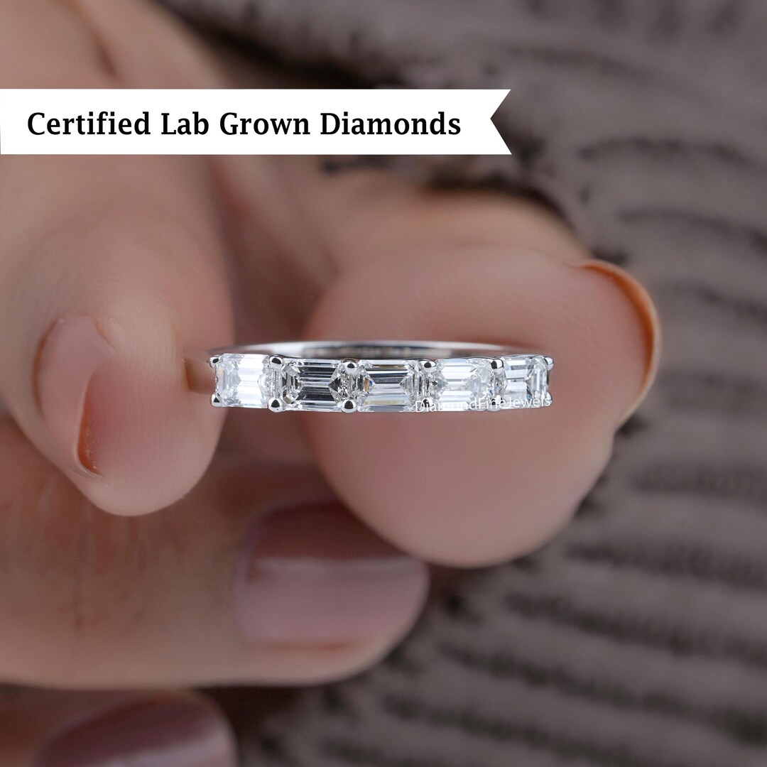 Emerald Cut Lab Grown Diamond Wedding Band, 14K Gold Half Eternity 5 ...
