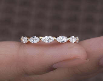 14K Marquise Diamond Eternity Band, Single Prong Wedding Ring