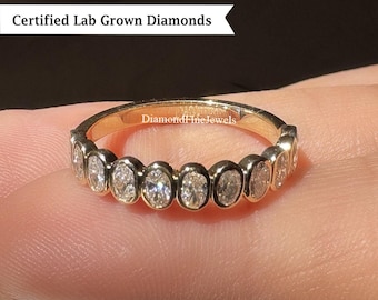 Bezel Set Oval Lab Grown Diamond Wedding Band, 14K Half Eternity Oval Diamond Band, Bridal Anniversary Matching Band, Stackable Ring