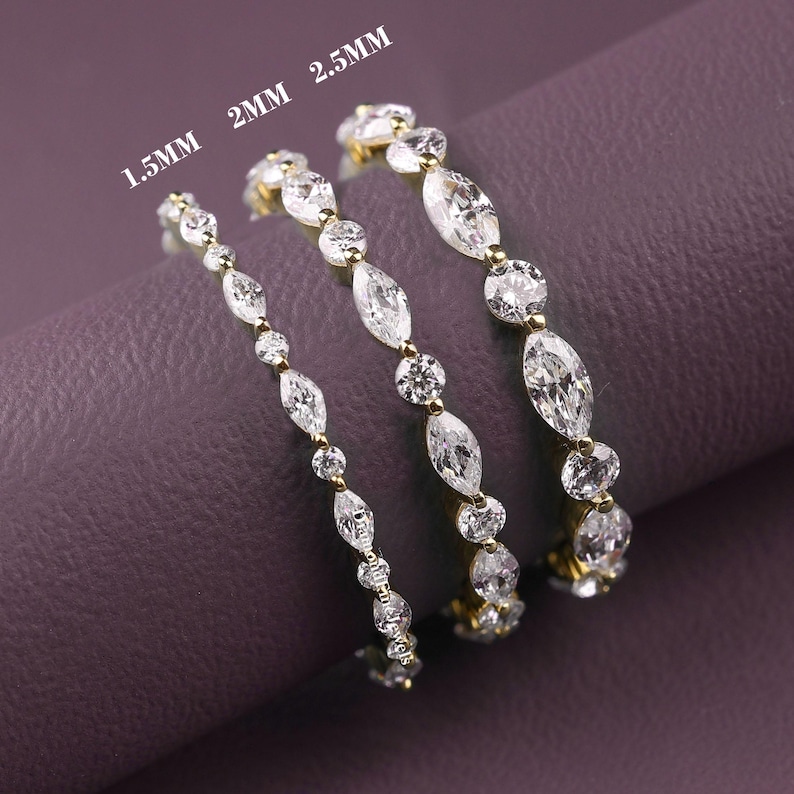14K Moissanite & Lab Diamond Wedding Band, Marquise and Round Cut, Stackable Eternity Ring