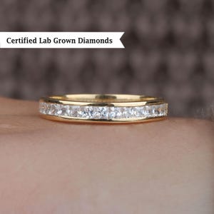 3.4MM Channel Set Princess Lab Grown Diamond Wedding Band, 14K Half Eternity Band, Lab Created Diamond Bridal Matching Anniversary Band Ring