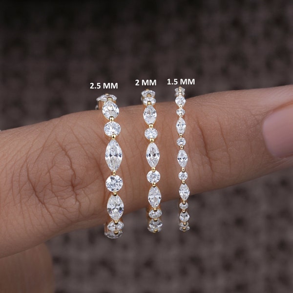 14K Moissanite & Lab Diamond Wedding Band, Marquise and Round Cut, Stackable Eternity Ring