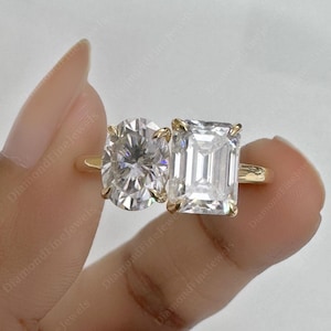 Unique 3TCW Toi Et Moi Moissanite Engagement Ring, Oval and Emerald Cut Moissanite 2 Stone Ring, Proposal Ring, Promise Ring For Women, Gift