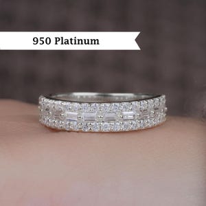Wide Platinum Moissanite Wedding Band, Baguette and Round Diamond Half Eternity Ring, Thick Gold Ring Bridal Anniversary Matching Band