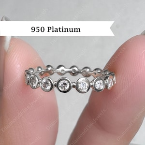 Platinum Bezel Set Round Moissanite Wedding Band, Full Eternity Band, Lab Grown Diamond Band, Anniversary Matching stackable Ring For Women