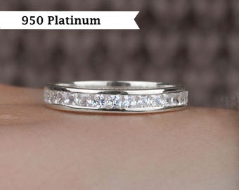 Channel Set Princess cut Moissanite Wedding Band, Platinum Half Eternity Ring, Lab Grown Diamond Band, Anniversary Band Bridal Matching Band