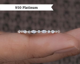 Dainty Single Prong Ring, Marquise and Round Moissanite Wedding Band, Platinum Lab Diamond Eternity Band, Stackable Ring,  Anniversary Ring