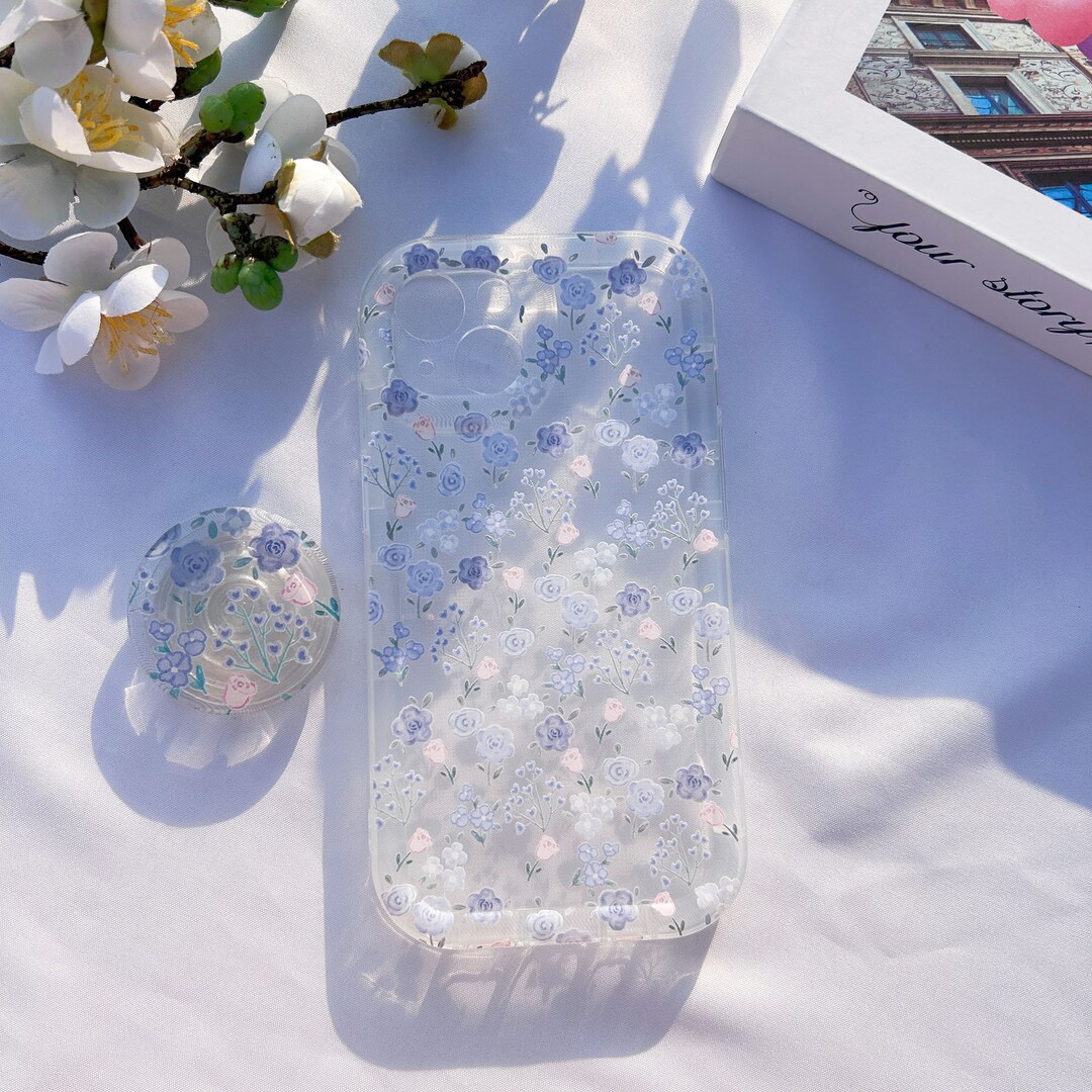 Cute Clear Blue Flower Bring Support Phone Case iPhone 15 14 13 12 11