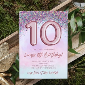 Bearbeitbare Mädchen Einladung zum 10. Geburtstag, Vorlage zum Bearbeiten auf Canva, Sofortiger Download | Rosa und Glitzer| Zweistellig | Pastell Ombre