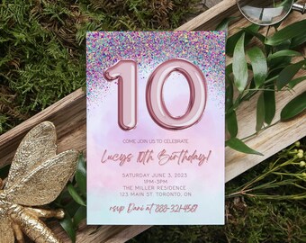 May include: A pink and white birthday invitation with a large pink number 10 made of balloons. The text reads "Come join us to celebrate Lucy's 10th Birthday!" with the date, time, and location of the party.