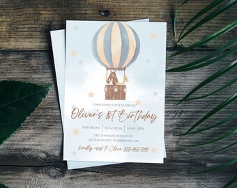 Editable Boys First Birthday Invitation Template, Parachute Hot Air Balloon, Beary First Birthday, Clouds and Stars