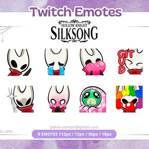 Puede incluir: Una colección de ocho emotes de Twitch con personajes de Hollow Knight: Silksong. Los emotes muestran varias expresiones y acciones, incluyendo llorar, sostener un corazón y un payaso de arcoíris. La imagen incluye el texto "Twitch Emotes".