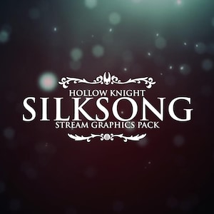 Puede incluir: Texto blanco sobre un fondo oscuro que dice "Hollow Knight Silksong Stream Graphics Pack". Adornos decorativos enmarcan el texto. El fondo tiene un efecto bokeh con círculos blancos suaves y desenfocados.