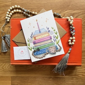 Book Lover Birthday Card | Watercolor Art | Stacks of Books with Candle on top |  Birthday Cake | Free Shipping for 1 card | Floral, Whimsy