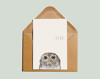 Postcard with a cropped owl and the inscription "Huhu"
