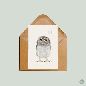 Postkarte Eule mit dem Schriftzug Huhu