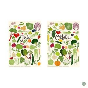 May include: Two art prints featuring illustrations of various vegetables. One print says "Juli" and the other says "Oktober". The illustrations include tomatoes, cabbage, carrots, and other produce in a colorful arrangement on a cream background.