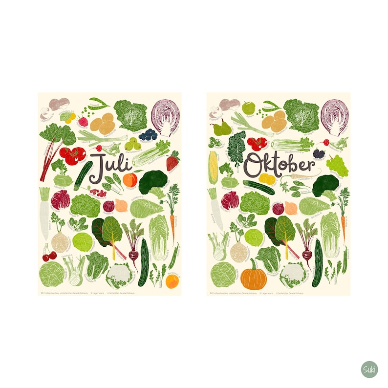 May include: Two art prints featuring illustrations of various vegetables. One print says "Juli" and the other says "Oktober". The illustrations include tomatoes, cabbage, carrots, and other produce in a colorful arrangement on a cream background.