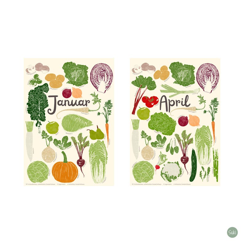 May include: Two art prints featuring illustrations of vegetables. One print is labeled "Januar" and the other "April". The illustrations include cabbage, carrots, pumpkins, and other produce in a colorful, hand-drawn style.