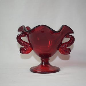 Fenton Ruby Red Glass Compote with Double Dolphin Handles