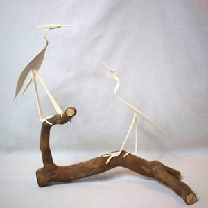 Handmade Folk Art Pair PVC Birds Herron Egret on Branch Signed Robert Morris