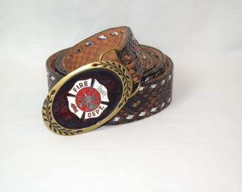 Vintage 1981 Heritage Buckles Solid Brass Fire Dept Buckle 44 inch Leather Belt