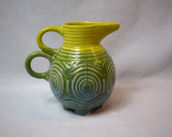 Vintage Double Handle Pottery Pitcher with Raised Geometric Design