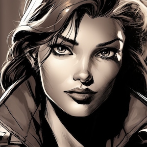 Puede incluir: Una ilustración en blanco y negro de una mujer con cabello castaño oscuro. Tiene una expresión seria en su rostro y sus ojos miran directamente al espectador.