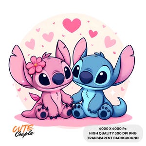 May include: A digital illustration of a cute couple, one pink and one blue, holding hands. The pink character has a flower on its ear. Pink hearts float in the background. The words "CUTE Couple" are in the lower left corner.