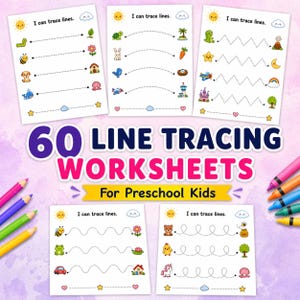 Puede incluir: Un conjunto de 60 hojas de trabajo de trazado de líneas para niños en edad preescolar. Cada hoja de trabajo presenta líneas punteadas para trazar, junto con ilustraciones coloridas de animales y objetos, y el texto "I can trace lines."