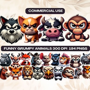 Funny Grumpy Animal Clipart Pack - Instant Download for Commercial Use - Hilarious Cartoon Pet Prints