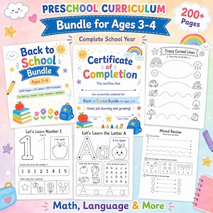 May include: A preschool curriculum bundle for ages 3-4, featuring a 'Back to School Bundle' and a 'Certificate of Completion'. Includes 200+ pages of printable activities covering pre-writing, shapes, logic, numbers, and the alphabet. Worksheets include tracing lines, number recognition, and letter identification.