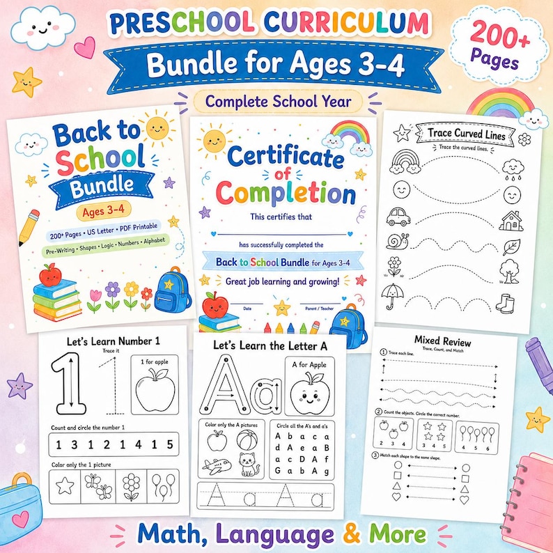 May include: A preschool curriculum bundle for ages 3-4, featuring a 'Back to School Bundle' and a 'Certificate of Completion'. Includes 200+ pages of printable activities covering pre-writing, shapes, logic, numbers, and the alphabet. Worksheets include tracing lines, number recognition, and letter identification.
