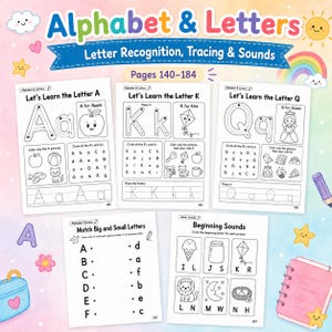 May include: A colorful educational workbook titled "Alphabet & Letters" with pages for letter recognition, tracing, and sounds. The pages feature uppercase and lowercase letters, along with illustrations of objects starting with each letter. Includes tracing exercises and matching activities.