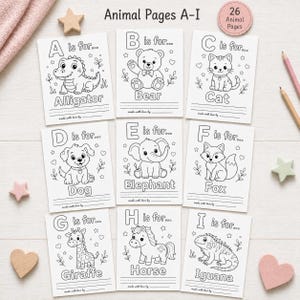May include: Nine black and white animal coloring pages, each featuring a different animal from A to I, with the animal's name and the letter it starts with. The pages are surrounded by decorative elements and the text "Animal Pages A-I" is at the top.