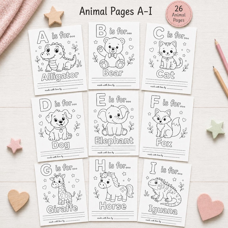 May include: Nine black and white animal coloring pages, each featuring a different animal from A to I, with the animal's name and the letter it starts with. The pages are surrounded by decorative elements and the text "Animal Pages A-I" is at the top.