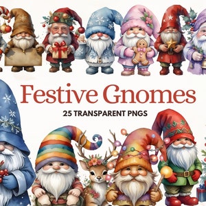 Watercolor Festive Gnomes Collection Clipart, Fantasy Clipart, Winter Holidays, Gnomes PNG, 25 PNG Christmas Gnomes Clipart, Commercial Use