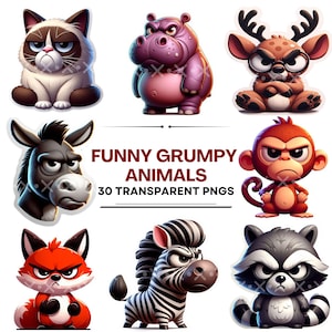 30 Funny Grumpy Animals Clipart, High Quality Transparent PNGs, Instant Download, Cartoon Pet prints, Commercial Use - Funny Cat Pintables